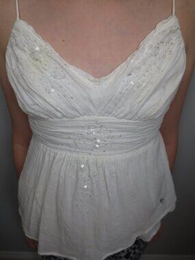 Vtg Y2K Abercrombie White Beaded Boho Babydoll Tank Top 100% Cotton Girls Large